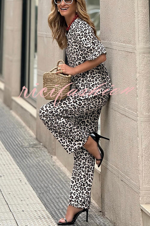 Enjoy Everyday Leopard Print Puff Sleeve Babydoll Top and Elastic Waist Pocketed Pant Set