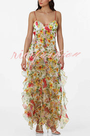 Sunrise Goddess Chiffon Roses Print Ruffles Tiered Trim Maxi Dress