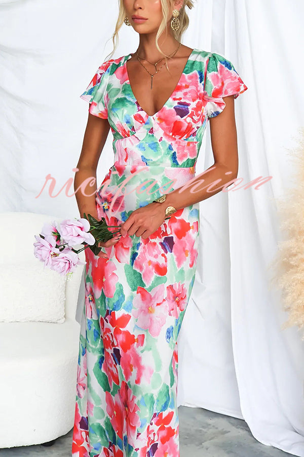 Say I Do Satin Floral Print Cap Sleeves Maxi Dress