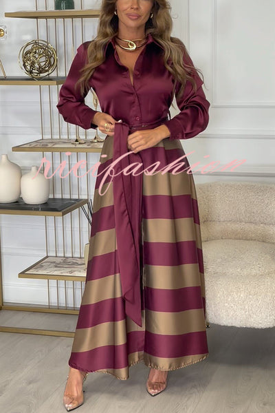 Lindsey Satin Colorblock Contrast Long Sleeve Belted Shirt Maxi Dress