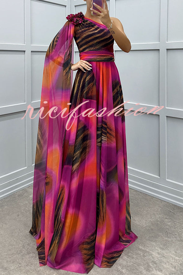 Lucia Unique Print Floral Detail One Shoulder Draped Sleeve Gown Maxi Dress