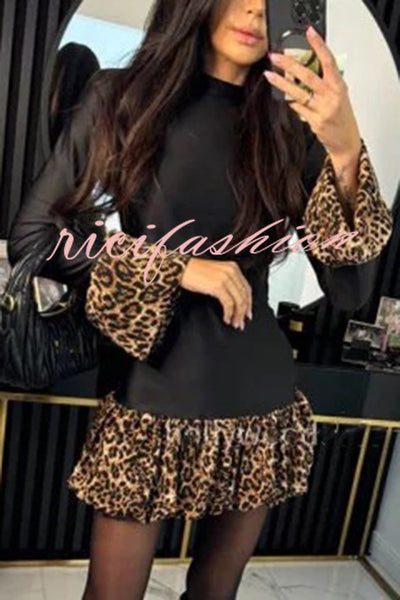 Fashionable Splicing Leopard Print Bell Sleeve Stretch Mini Dress