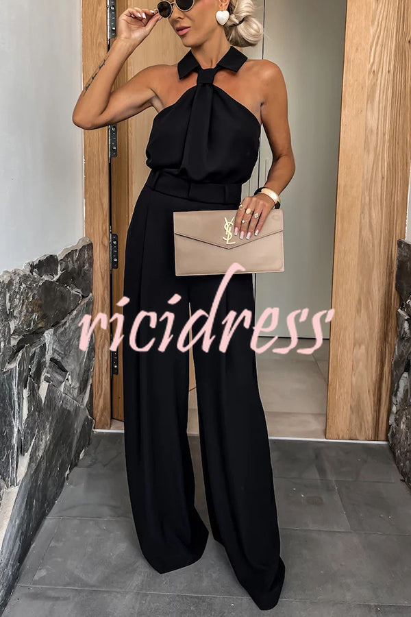 Fashionable Unique Look Halter Shirt Collar Pocketed Wide Leg Jumpsuit