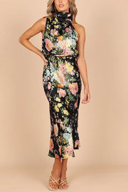 Wine Country Dates Floral Halter Neck Elastic Waist Satin Maxi Dress