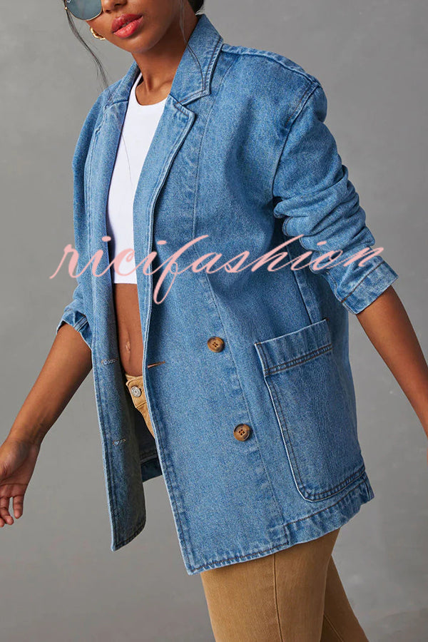 Breaking The Rules Denim Button Up Lapel Loose Blazer Jacket