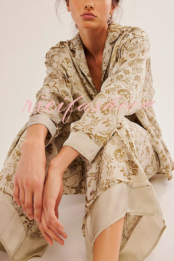 Unique Printed Lounge Long-sleeved Shirt and Elastic Waisted Baggy Pants Set