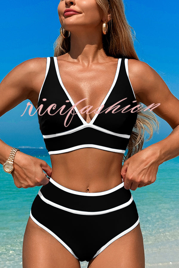 Solid Color Contrast High Waist Stretch Bikini Swimsuit