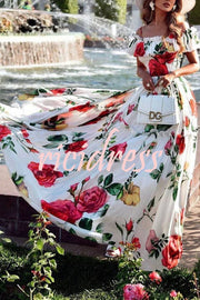 Glamorous Rose Print Patchwork Pleated High Waisted Maxi Dress