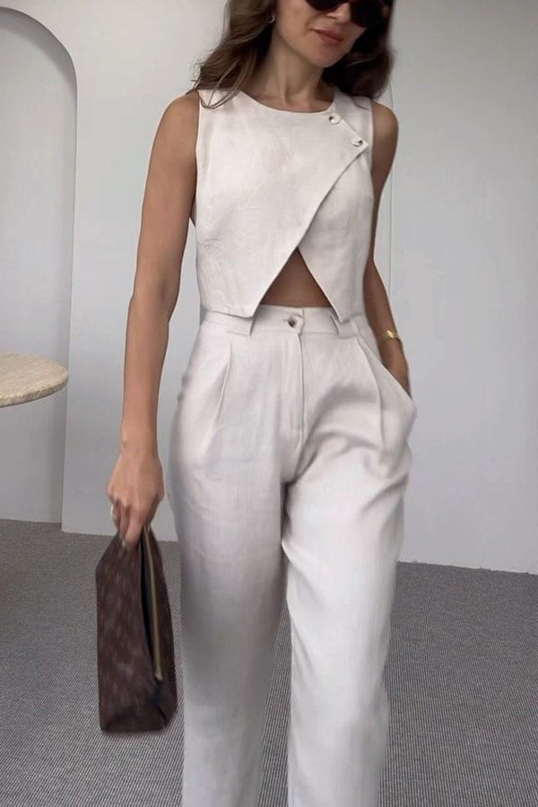 Balvin Linen Blend Cross Button Neck Crop Vest and High Rise Pocketed Pants Set