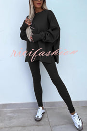 Solid Color Loose Long Sleeve SlitSweatshirt and Elastic Waist Tight Pants Set