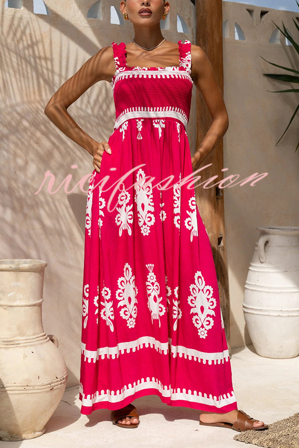 National Boho Style Unique Print Smocked Bust Wide Strap Pocket Maxi Dress