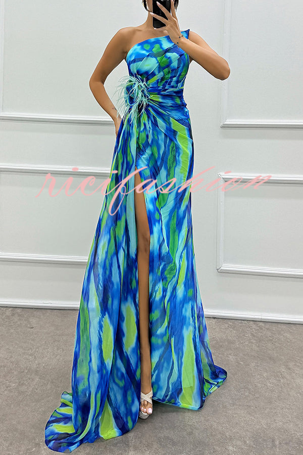 Amazing Views Watercolor Print Feather Rose Detail Off Shoulder Pleated Slit Maxi Dress