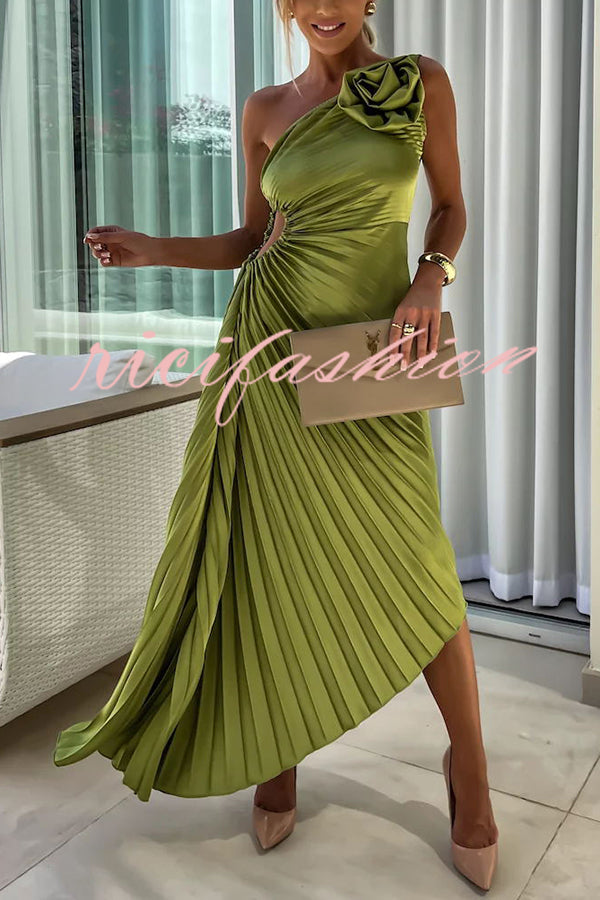 Romantic Nights Satin Raised Flower Elastic Cutout One Shoulder Pleated Maxi Dress