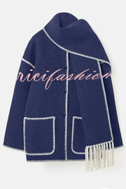 Stylish Loose Pocket Long Sleeve Coat and Warm Fringed Scarf