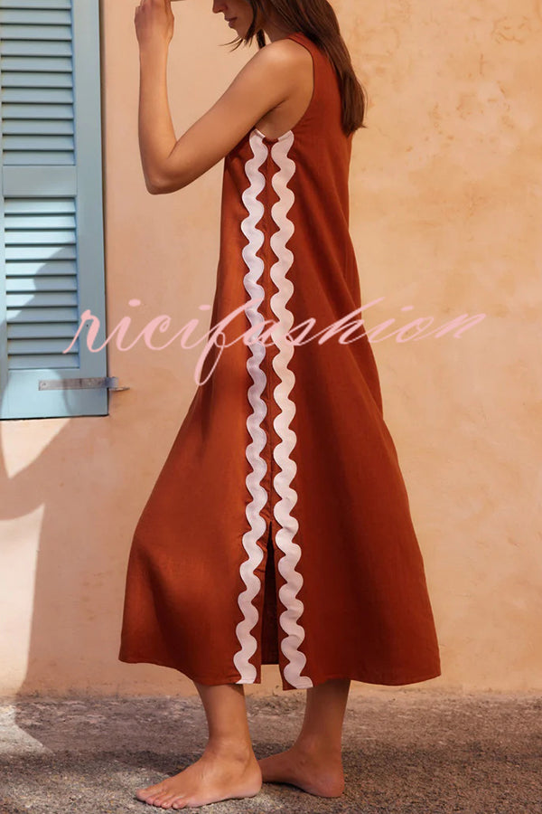 Vacation Villa Side Ric Rac Wave Trim Slit Loose Maxi Dress