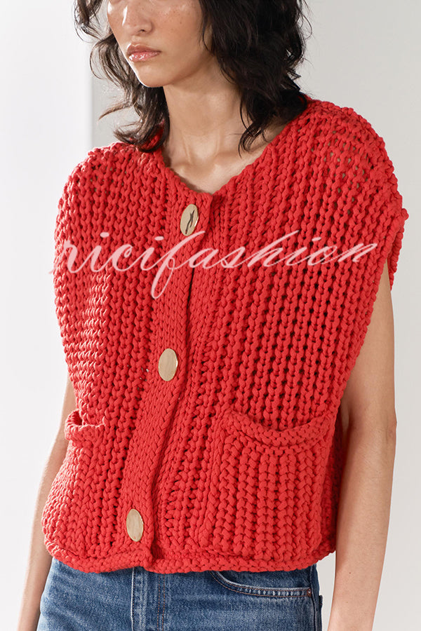 Solid Color Sleeveless Pocket Knitted Vest