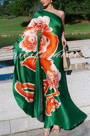 Elegance and Grace Satin Dragon Print One Shoulder Drape Sleeve Maxi Dress