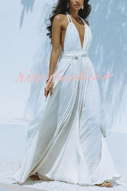 Summer Whispers Linen Blend Draped Braids Deep V-neck Halter Backless Cover Up Maxi Dress