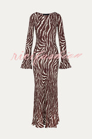 Gia Unique Print Boat Neck Long Bell Sleeve Bias Cut Maxi Dress