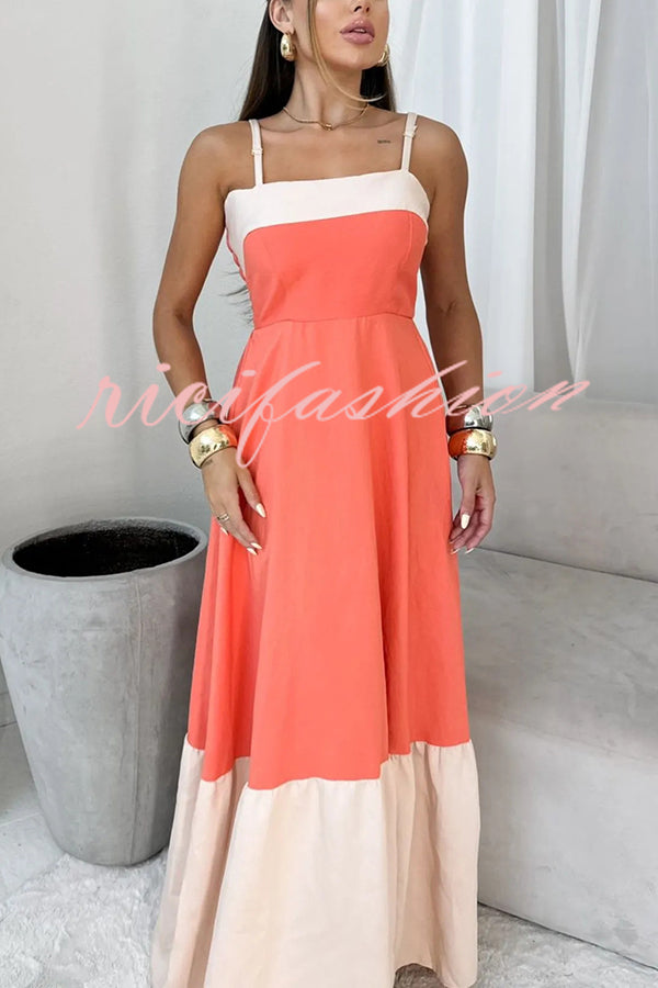 Fashionable Contrast Color Stitching Sling Maxi Dress