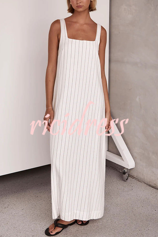 Simple and Stunning Linen Blend Pinstripe Detail Square Neck A-line Maxi Dress