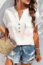 Simple Embroidered V Neck Pocket Button Down Short Sleeved Shirt