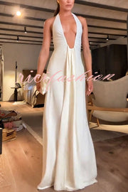 Sexy Silhouette Deep U-neck Halter Waterfall Sash Drape Maxi Dress