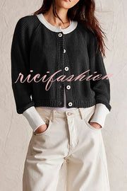 Stylish Contrasting Crew Neck Buttoned Knitted Cardigan