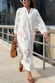 Confidence and Adventure Flower Lace V-neck Bell Sleeve Loose Midi Dress