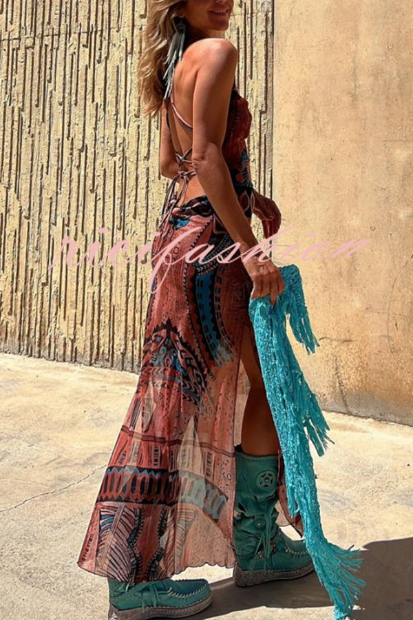 Gypsy Style Unique Print Cowl Neck Back Lace-up Slit Midi Dress