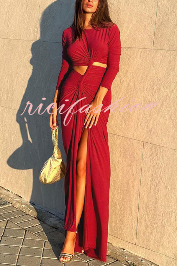 Solid Color Round Neck Long Sleeve Sexy Exposed Waist Slit Maxi Dress