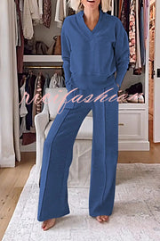 Weather Gets Cold Solid Color V-neck Top and Elastic Waist Pocketed Lounge Pants Set