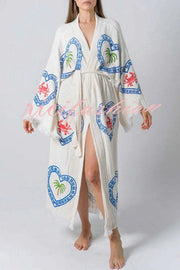 Maia Linen Blend Unique Print Belt Swimwear / Lounge Cover-up Robe