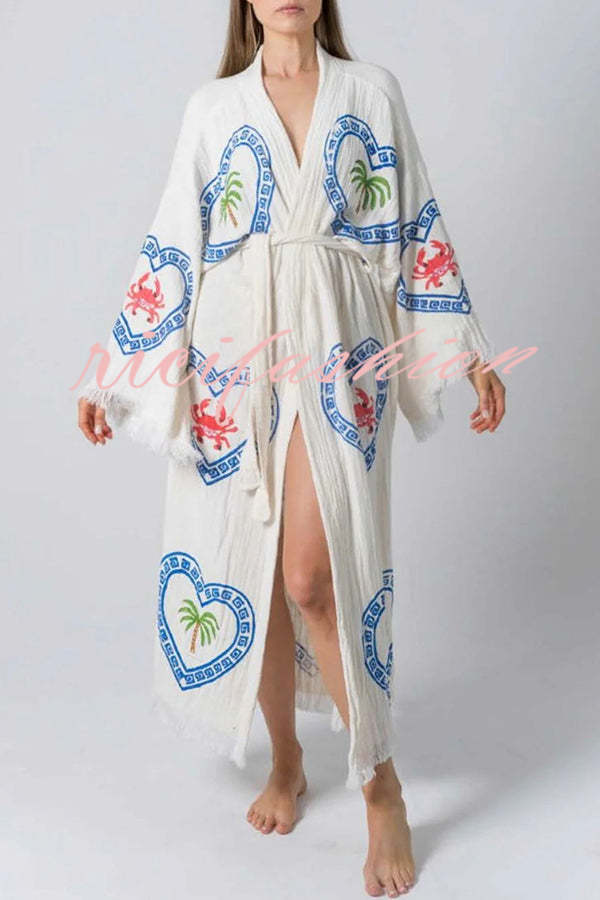 Maia Linen Blend Unique Print Belt Swimwear / Lounge Cover-up Robe