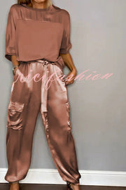 Calissa Smooth Satin Half-sleeved Top and Elastic Waist Pocket Pants Set