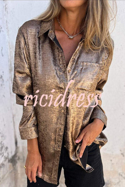 First and Fabulous Metallic Fabric Button Up Long Sleeve Loose Blouse