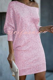 Solid Sequined Off-shoulder Loose Mini Dress