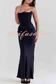 Persephone Crepe and Satin Patchwork Off Shoulder Ruched Maxi Dress