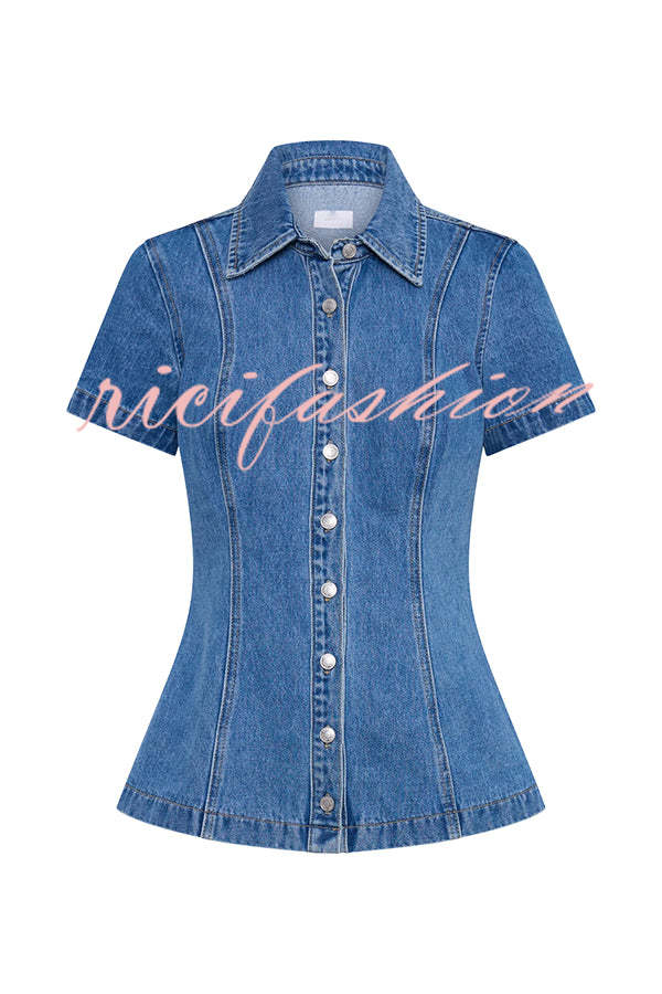 Modern Flavor Denim Short Sleeve Button Up Princess Seams Stretch Top