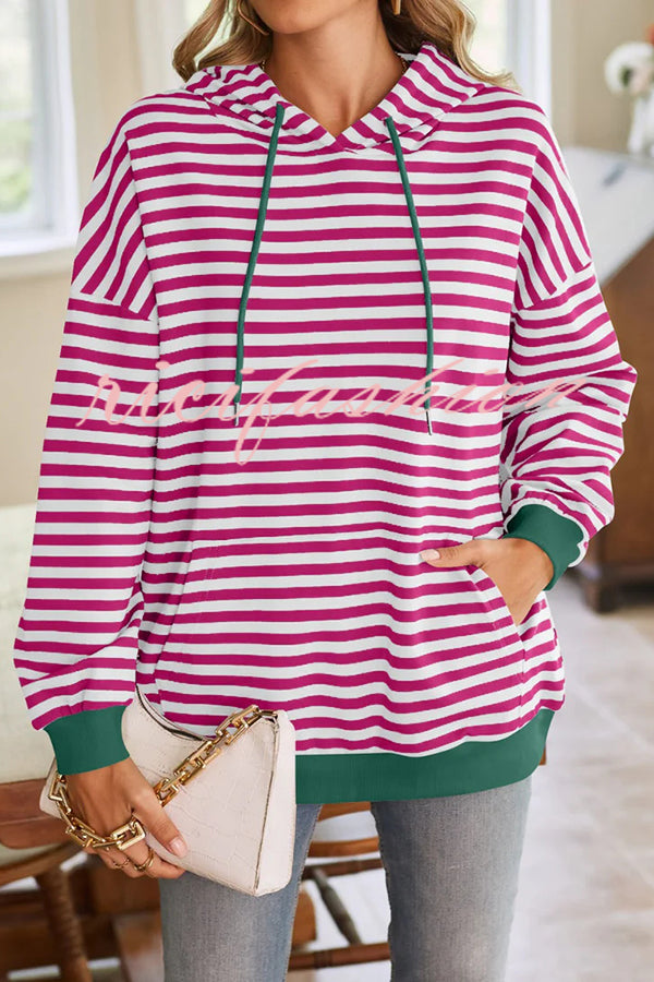 Striped Print Long Sleeve Pocket Loose Hoodie