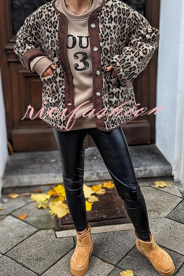 Warm Feel Colorblock Leopard Print Plush Button Up Pocketed Teddy Jacket