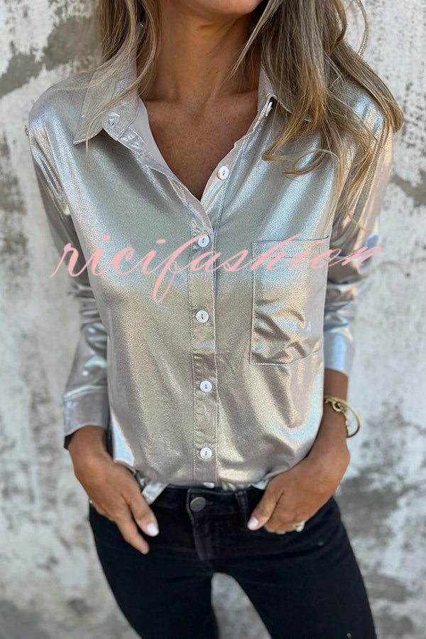 Holiday Look Solid Metallic Loose Pocket Button-down Blouse