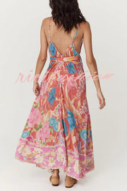 Painter's Garden Boho Floral Print Strappy A-line Maxi Dress