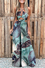 Tropical Palm Leaf Print Cutout Wide Leg Jumpsuit