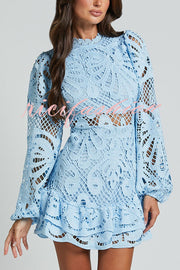 Solid Color Hollow Long-sleeved Waisted Lace Mini Dress