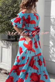 Floral Print Waist Belted Slim Fit Off The Shoulder Maxi Dress