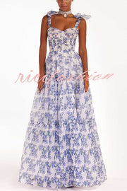 Fairytale Itself Organza Floral Print Tie Strap Maxi Dress