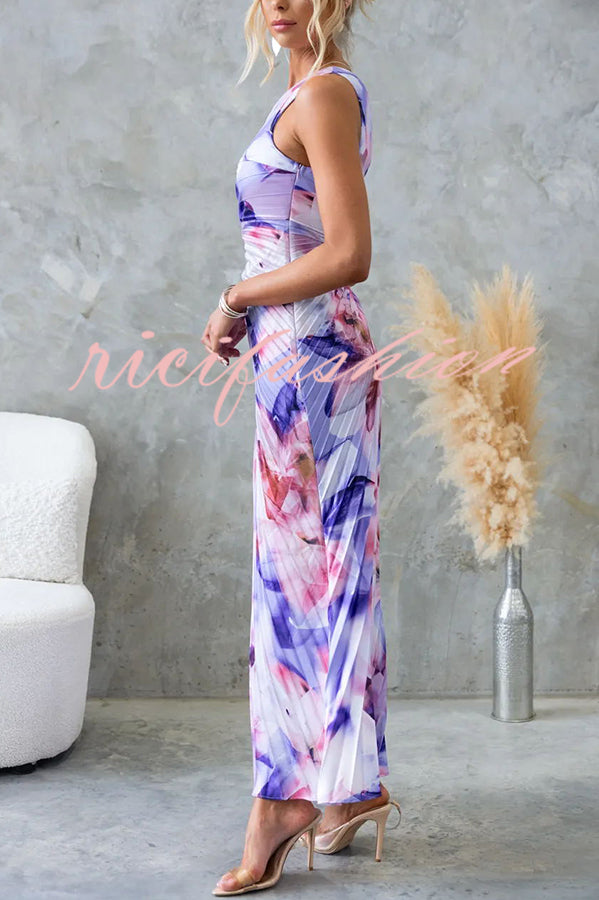 Laken Floral Print One Shoulder Adjustable Tie Cutout Pleated Maxi Dress