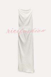 Sculptural Effect Linen Blend Twisted Shoulder Strap Drape Maxi Dress