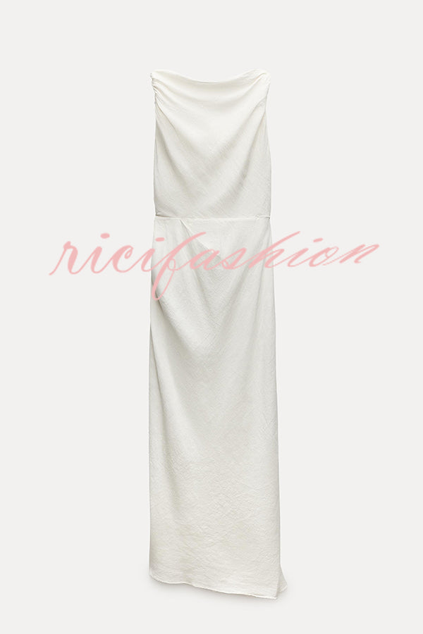 Sculptural Effect Linen Blend Twisted Shoulder Strap Drape Maxi Dress